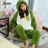 Jielur Warme Frauen Pyjama Sets Winter Dame Langarm Hemd + Hosen Hause anzug Mit Kapuze Cartoon Druck Dicke Pijama feminino 211112