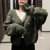 Causal Women Dark Green Sweater Fashion Ladies Chic Embroidery Knitted Cardigan Streetwear Female V-Neck Soft Loose Coat 210427