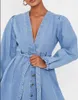 FABPOP Long Puff Sleeve Deep V Neck Slim High Waist Bandage Cardigan Short Mini Shirt Dress Blue Denim Streetwear GB037 210709