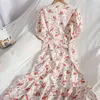 Koreaanse Retro-Breasted Puff Sleeve Floral Dress Dunne elegante print voor Womens Zomer Chiffon Ruches Strand 210420