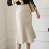 Элегантная растяжка пакета бедра юбки высокие талии кнопки MIDI черные абрикосовые юбки женщин плюс размер повседневная офисная леди карандаш юбка X0428