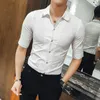 Men 2021 Male Half Sleeve Hawaiian Shirts Casual Metal Buckle Hit Color Slim Fit Black Men's Dress Blouses