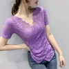 Été européen Vêtements T-shirt T-shirt Sexy Irrégularity Dentelle Femmes Tops Ropa Mujer Chemise Sleeve Sleeve Wrap Tees 2020 Neuf T05304 x0628