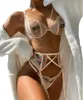 Uniforme de costume Sexy, sous-vêtements à bretelles pour femmes, soutien-gorge Transparent en maille et dentelle, ensemble de Lingerie érotique 3 pièces