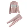 Spring Autumn Women Striped Tracksuit Knitted Two Pieces Zipper Cardigan Jacket Coat + Pencil Pants Suit Sport Knit Set 210416