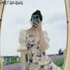 Matakawa Vintage Floral Woman Jurk Zomer Jurken Empire Taille Robe Femme Elegante Patchwork Puff Sleeve Long Vestidos 210513