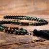 Pietra naturale dell'occhio di tigre 108 Japa Mala perline collane per le donne ragazze Yoga Japamala nappa collana lunga uomini gioielli 8MM