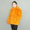 Femmes fourrure femmes fausse véritable or Orange rayures transversales manteaux veste zippée Parka hiver Blazer col montant femmes