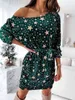 Spring long sleeve Straight Print dress women's dress casual print star bandage Mini dress for womens vestidos fashion 210514