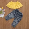 Summer Baby Girls Clothes Sets Kids Strapless Ruffle Tops +Ripped Denim Pant Jeans Casual Toddler Outfits