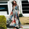 Vintage print sommar single-breasted drwomen 2019 elegant natt lång fest klänningar boho stil v neck strand maxi drfemale x0621