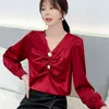 Coréen hauts col en V en mousseline de soie chemise rétro à manches longues Blouse chemises automne mode pli soie Surface décontracté femmes 910F 210420
