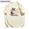 Tshirts Harajuku Borduurwerk Dolphin Coconut Tree Streetwear Tee Shirts Hip Hop Mode Korte Mouw Katoen Tops 210602