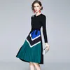 Elegant O-Neck Long Sleeve Women Vintage Print Patchwork Pleated Midi Autumn Female Ethnic Retro Belt Dress 210416