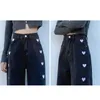 Women's wide leg Jeans Fashion embroidery love pants High waist stright female Spring Summer Long trousers jeans 210524