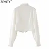 Kobiety Elastyczne Potargane Kołnierz Przyciski Pearl Biała Krótka Koszulka Kobieta Latarnia Rękaw Court Bluzka Roupas Chic Topy LS7601 210420