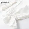 Yitimuceng Blusa Branco Mulheres Bow Lace Up Dobras Backless Camisas Manga Longa Coleira Sólida Primavera Summer Moda 210601