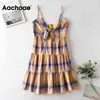 Kobiety Plaża Styl Sexy Bow Knot Sukienki Plaid Summer Linia Spaghetti Pasek Mini Dress Damska Bez Rękawów Sundress 210413