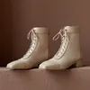 Meotina Genuine Leather Mid Botas Botas Curtas Mulheres Sapatos Quadrado Toe Chunky Heels Zip Cross Ankle Botas Autenas Inverno Khaki 210520