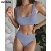 Ingaga biquíni conjunto de maiô de alta cintura feminino sólido sólido swimwear feminino mulheres biquini ternos de banho push up dois peças Bikinis 210621