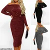 Women Dress Arrival Solid Off-The-Shoulder Slim Elegant Ladies Sexy Slash Neck Glitter Bodycon Evening Party Formal Clothing 210522