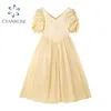 Francuski Elegancki Satin Yellow Sukienki Damskie Lato Stylowe V Neck Puff Rękaw Talii W Dół Siatki Szycie Wróżki Vestidos 210515