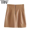 Traf Women Fashion with Seams Faux Leather Office Wear Mini Kjol Vintage High midja Bak Back Zipper Kvinnliga kjolar Mujer 210415