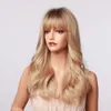 Synthetic Long Deep Wave Wigs Ombre Brown Golden Blonde Party Wigs with Bangs for White/Black Women Heat Resistantfactory direct