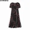 Sweet vintage-inspired stretch poplin midi dress featuring mixed floral dot print Angled neckline delicate ruffles puff sleeve 210510