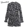 Yitimuceng Puffed Shoulder Dresses for Women Floral Print Elegant Bodycon Dress Spring Summer Folds Party Sexy Mini Dress 210601