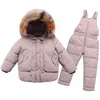 Winter 2 3 4 6 8 Jahre Pelz Kapuzenjacke + Overall Anzug 2 Stücke Ente Daunen Kinder Kleidung Set für Baby Kinder Mädchen Jungen 210529