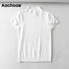 Casual solide tricoté t-shirt femmes manches courtes doux maison t-shirt col roulé dame couverture fine été mujer camisetas 210413