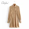 Autumn Women Satin Party Long Sleeve Gold Silk Mini Dress 210415