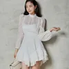 Corea Moda Chiffon Collare Del Basamento Delle Donne Elegante Vestito Da Partito Primavera Ufficio OL Manica Lunga Increspato Ruffles Mini Vestito 210518