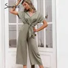 Solid High Waist Kortärmad V-Neck Casual Summer Women Wide Lege Loose Knotted Office Jumpsuit 210414