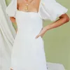 Sommer Baumwolle Quadrat Kragen Kurzarm Weißes Kleid Französisch Paket Hüften Eine Linie Elegante Frauen Party Kleider Slim Fit Vestido 210331