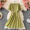 Vintage jurk vrouwen zomer koreaanse gewaad zoete temperament korte mouw vestidos hoge taille slanke plaid a-line jurken 210519