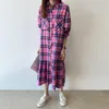 Casual jurken chique Korea -stijl losse midi jurk vrouw lange mouw afslaan kraag shirt geplooide pocket pocket plaid flanel