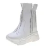 Botas para mujer Punta redonda Borlas Cremallera Tobillo Cuña Oculto Tacón alto PU Zapatos de cuero Motocicleta Negro Blanco Llegada