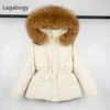 Lagabogy Huge Real Racoon Fur Winter Women Short Down Parka Female Hooded Thick Warm Puffer Jacket Ladies Casual Snow Coat 211130