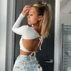 Białe Koszulki Kobiety V Neck Backless Długim Rękawem Ruffles Bandaż Krojenia Crop Top Sexy Koronki Edge Y2K Estetyka Tee Sukienna Y0629