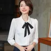 Lichtblauw chiffon shirt vrouwen boog ontwerp mode lente temperament lange mouw blouses kantoor dames casual werk tops 210604