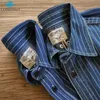 Mäns Casual T Shirts Heaveweight Mens Army Style Klassisk Vintage Striped Lapel Långärmad Bomullskjorta Man Högkvalitativa Fickor Lös Top