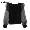 Chic Mesh Patchwork Velvet Blouse Women O Neck Ruffled Black Tops Transparent Long Sleeve Elegant Shirt Blusas Mujer 210413