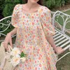 Nomikuma Japan Stil Süße Sommer Kleid Frauen Robe Femme Quadrat Kragen Puff Sleeve Kleider Chic Floral Gedruckt Vestidos 210514