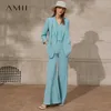 Amii minimalism vårkvinnors kostym set offical lady vneck tankar solid lapel blazer kvinnor höga midja kvinnliga byxor 12140138 210930
