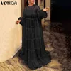 Bohemian Maxi Long Dress 2021 VONDA Sexy Long Robe Femme Lantern Sleeve Floor-Length Party Dress Beach Holiday Vestido Y1204