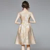 Vintage elegante borduurwerk luxe jacquard baljurk jurk vrouwen mouwloze O-hals hoge taille knie lengte tank sundresses 210416
