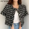 MATAKAWA Single Breasted Women Jacket Chic Short Coat Women Vintage Round Neck Tops Loose Thin Tweed Cropped Jackets 210513