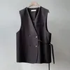 Chic Höst Blazer Vest Kvinnor Solid V Neck Office Waistcoat Med Bälte Casual Dubbel Breasted Ärmlös Jacka Coat 210515